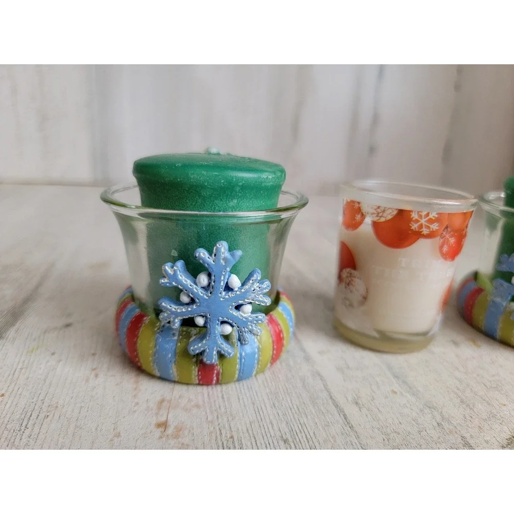 Mini candle Xmas set snowflake green holder home decor striped‎ unique